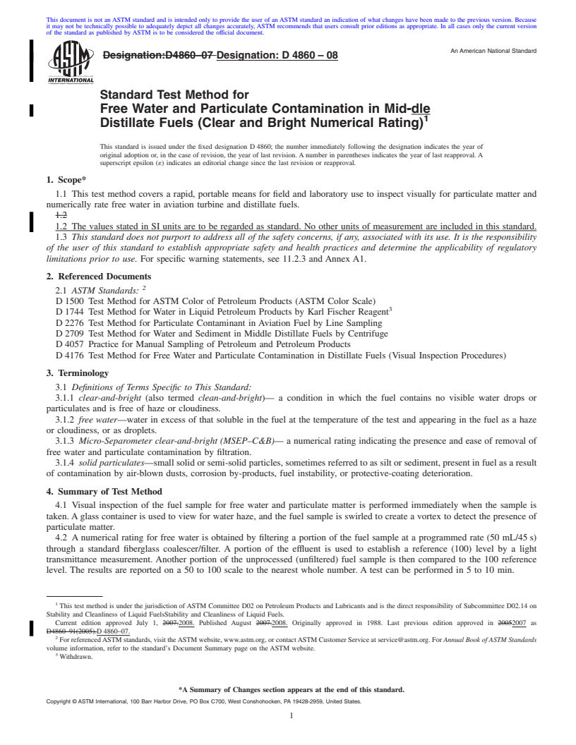 REDLINE ASTM D4860-08 - Standard Test Method for Free Water and Particulate Contamination in Middle Distillate Fuels (Clear and Bright Numerical Rating)