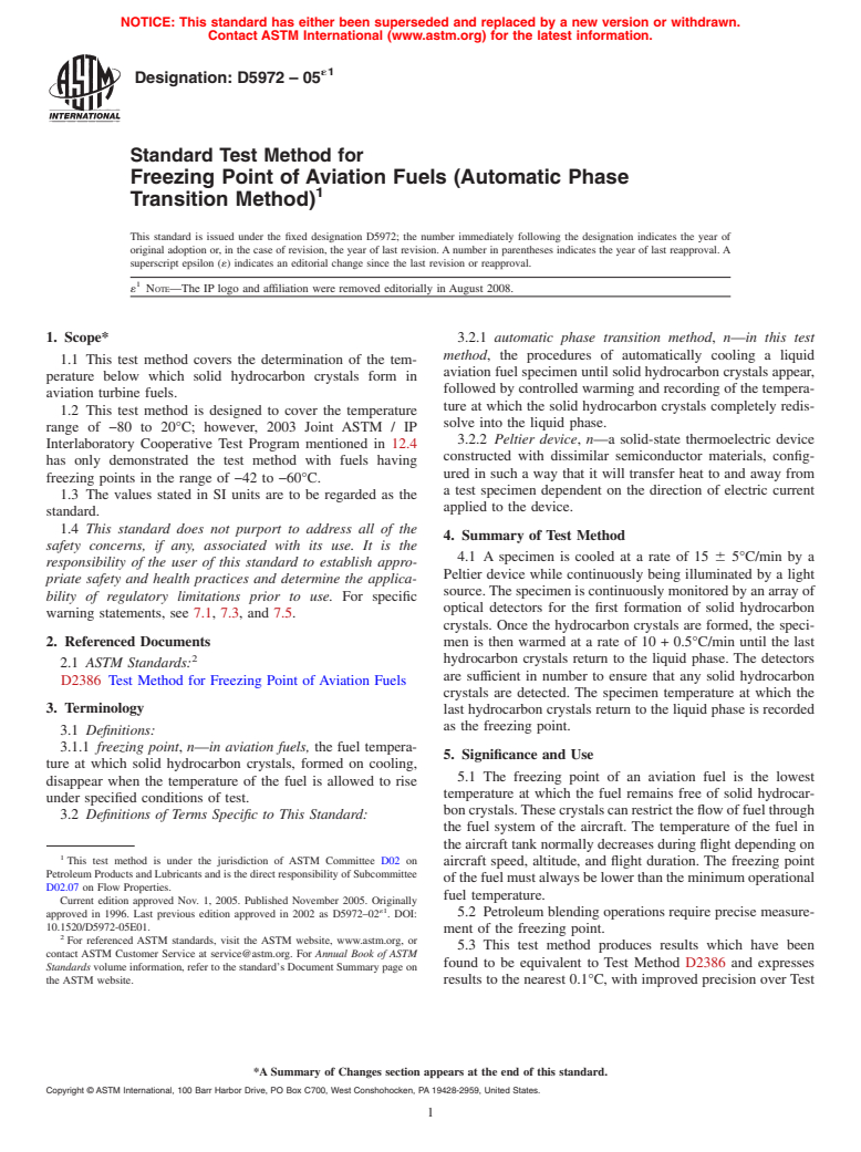 ASTM D5972-05e1 - Standard Test Method for Freezing Point of Aviation Fuels (Automatic Phase Transition Method)