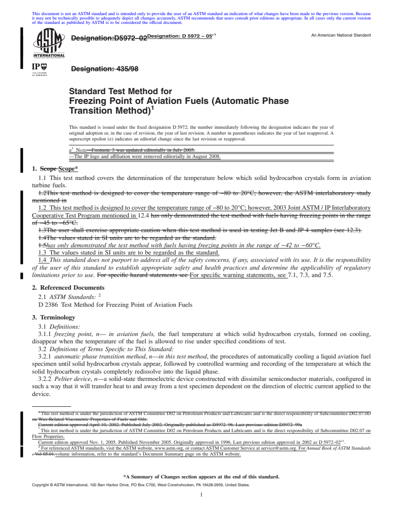 REDLINE ASTM D5972-05e1 - Standard Test Method for Freezing Point of Aviation Fuels (Automatic Phase Transition Method)