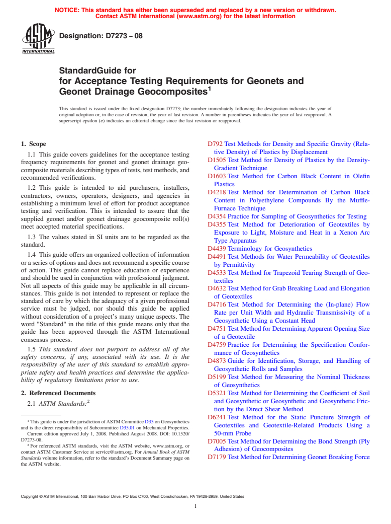 ASTM D7273-08 - Standard Guide for for Acceptance Testing Requirements for Geonets and Geonet Drainage Geocomposites