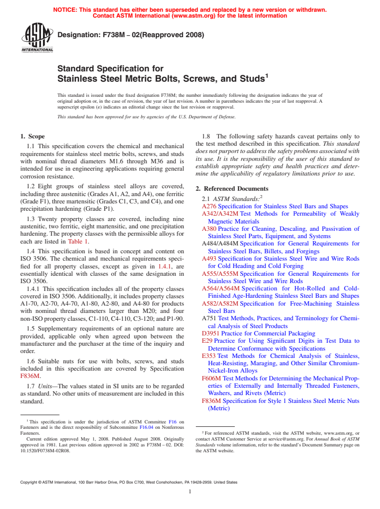 ASTM F738M-02(2008) - Standard Specification for  Stainless Steel Metric Bolts, Screws, and Studs (Withdrawn 2015)