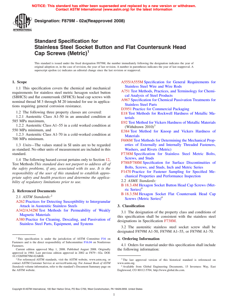 ASTM F879M-02a(2008) - Standard Specification for  Stainless Steel Socket Button and Flat Countersunk Head Cap Screws (Metric)