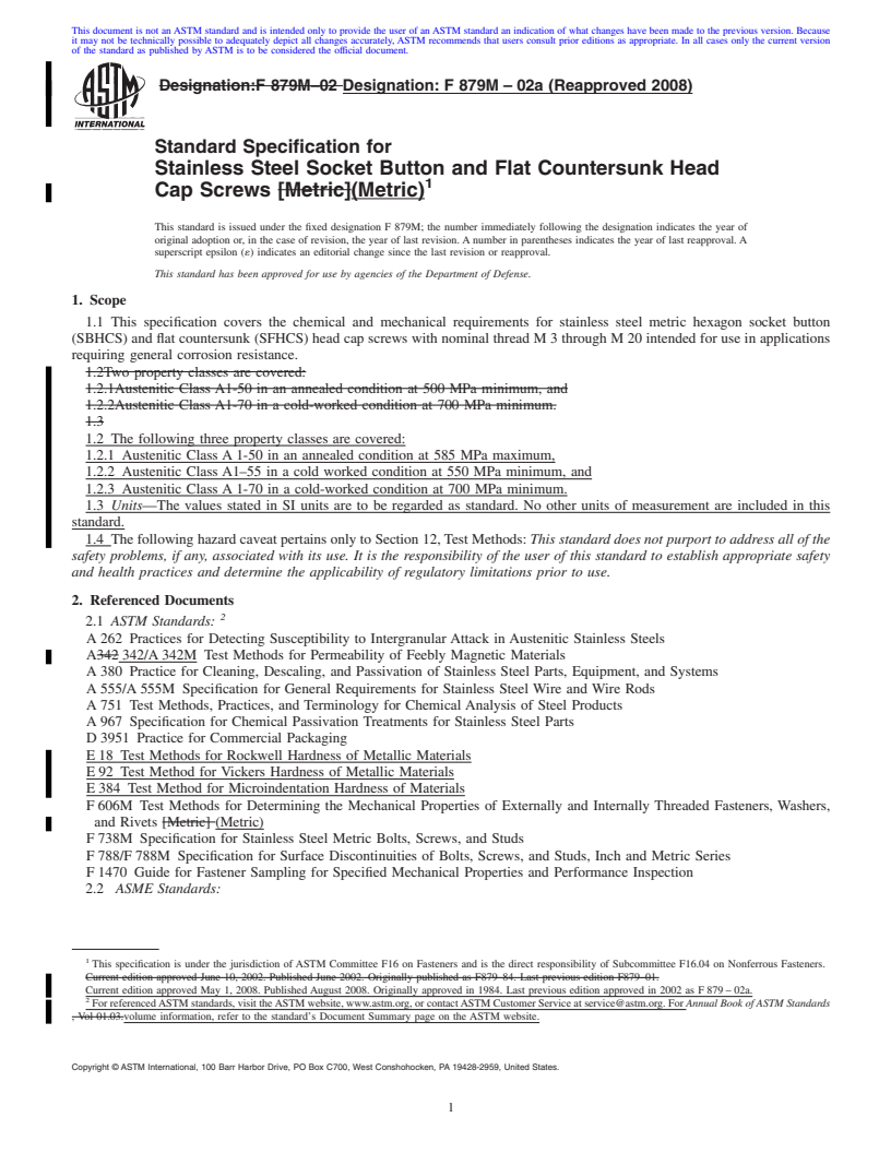 REDLINE ASTM F879M-02a(2008) - Standard Specification for  Stainless Steel Socket Button and Flat Countersunk Head Cap Screws (Metric)