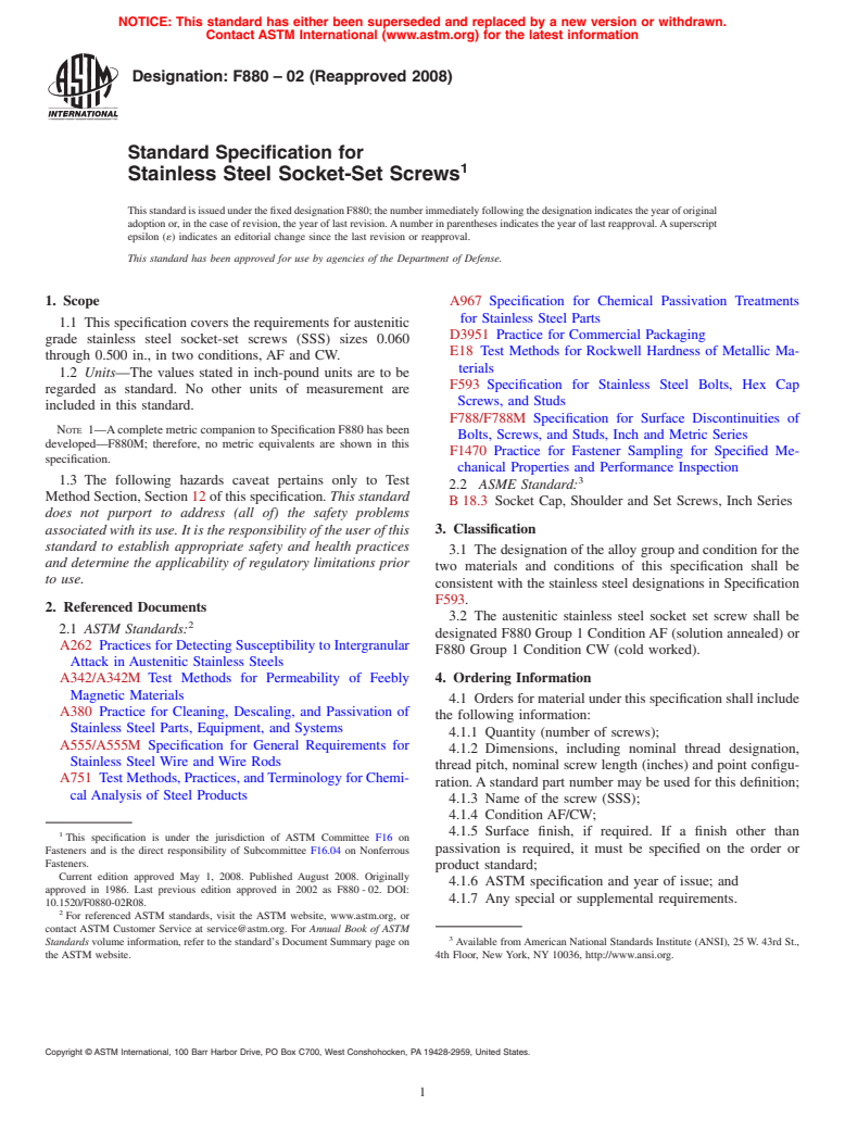 ASTM F880-02(2008) - Standard Specification for  Stainless Steel Socket-Set Screws