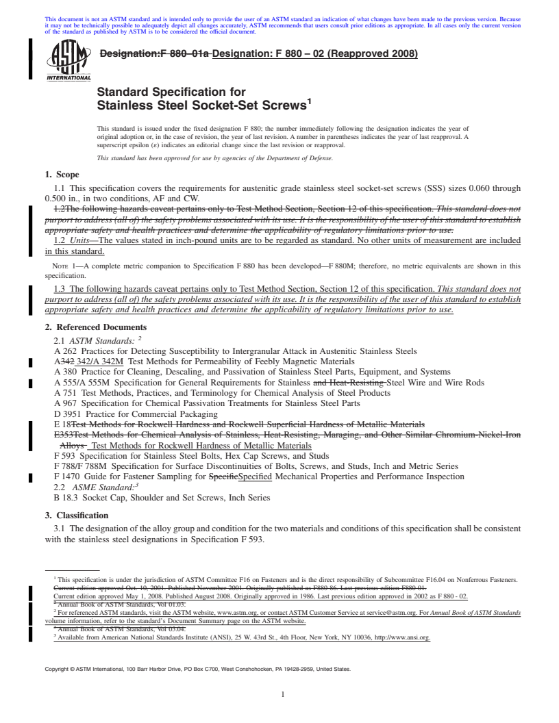 REDLINE ASTM F880-02(2008) - Standard Specification for  Stainless Steel Socket-Set Screws