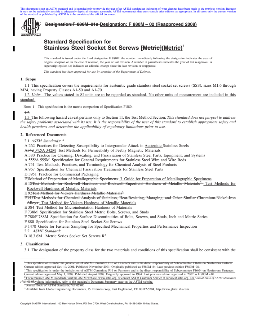 REDLINE ASTM F880M-02(2008) - Standard Specification for  Stainless Steel Socket Set Screws (Metric)