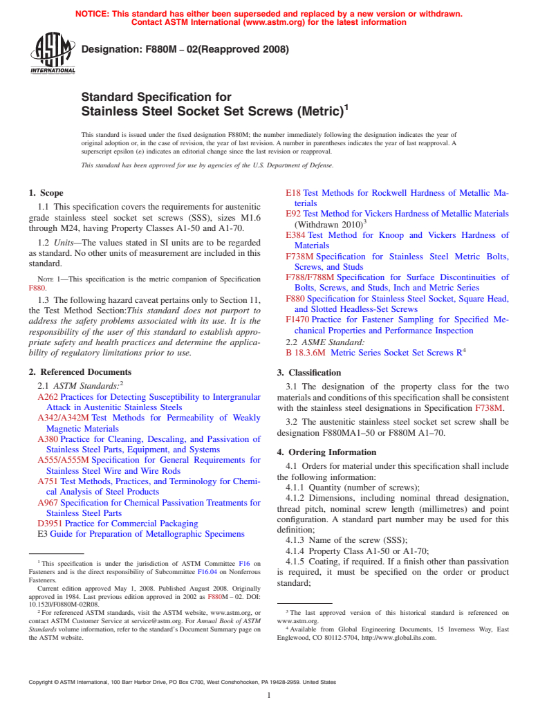 ASTM F880M-02(2008) - Standard Specification for  Stainless Steel Socket Set Screws (Metric)