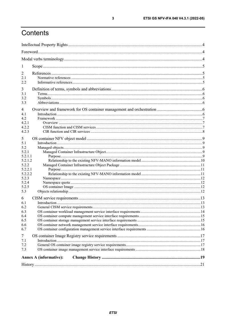 ETSI GS NFV-IFA 040 V4.3.1 (2022-05) - Network Functions Virtualisation (NFV) Release 4; Management and Orchestration; Requirements for service interfaces and object model for OS container management and orchestration specification