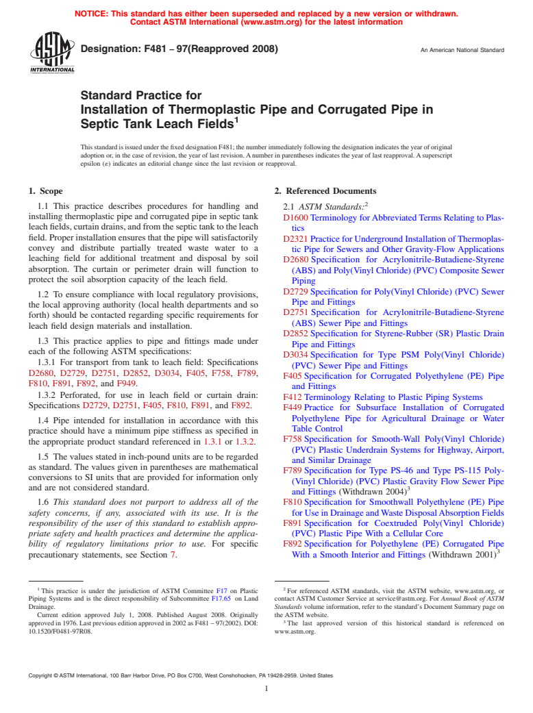 ASTM F481-97(2008) - Standard Practice for Installation of Thermoplastic Pipe and Corrugated Pipe in Septic Tank Leach Fields