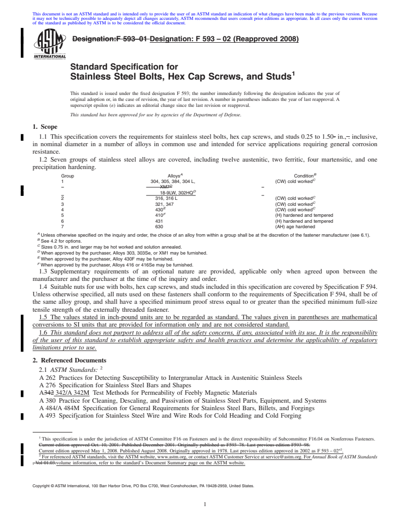 REDLINE ASTM F593-02(2008) - Standard Specification for  Stainless Steel Bolts, Hex Cap Screws, and Studs