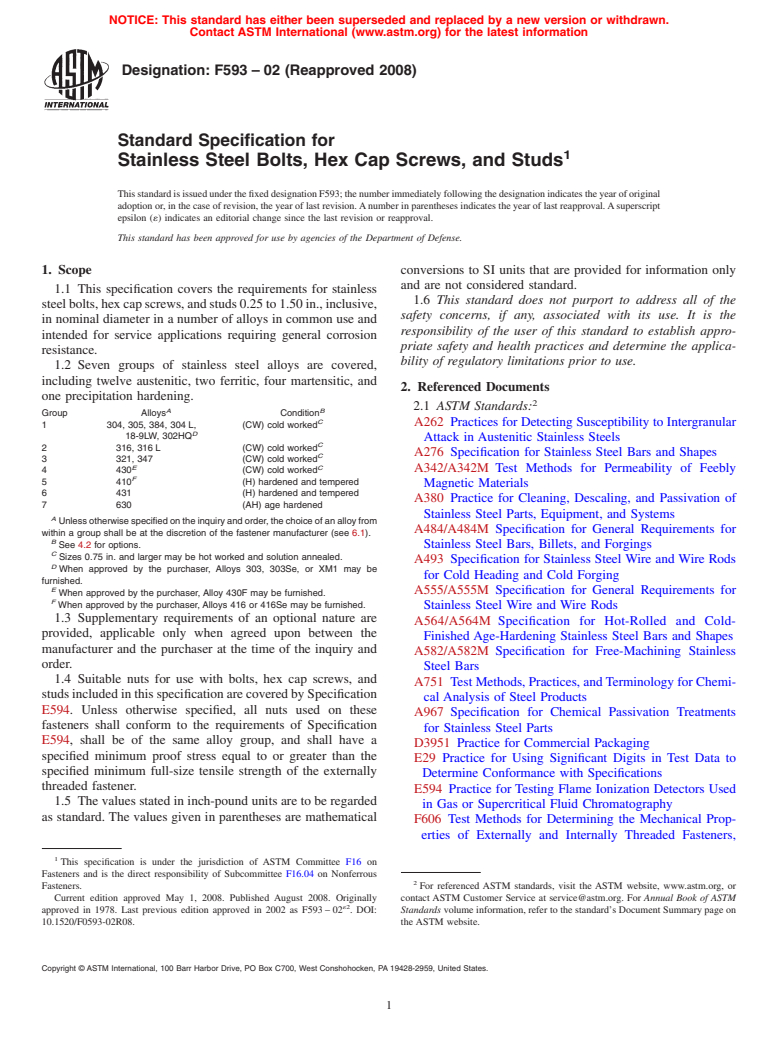 ASTM F593-02(2008) - Standard Specification for  Stainless Steel Bolts, Hex Cap Screws, and Studs