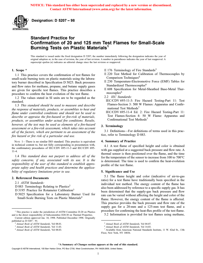 ASTM D5207-98 - Standard Practice for Calibration of 20 and 125 mm Test Flames for Small-Scale Burning Tests on Plastic Materials