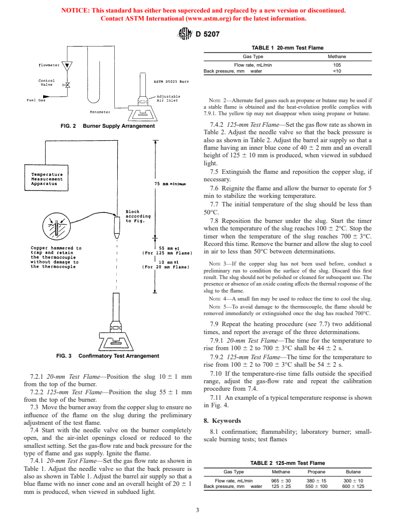 ASTM D5207-98 - Standard Practice for Calibration of 20 and 125 mm Test Flames for Small-Scale Burning Tests on Plastic Materials