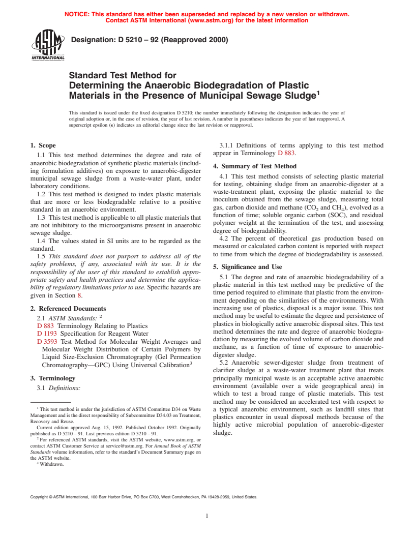 ASTM D5210-92(2000) - Standard Test Method for Determining the Anaerobic Biodegradation of Plastic Materials in the Presence of Municipal Sewage Sludge