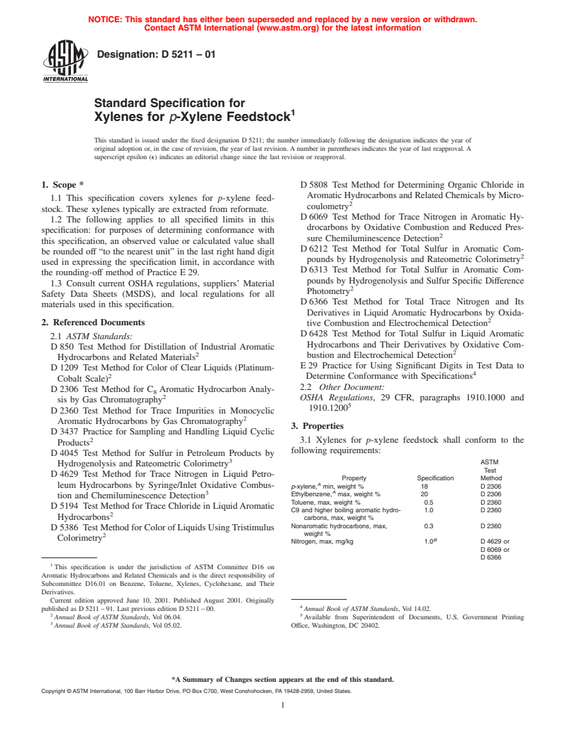 ASTM D5211-01 - Standard Specification for Xylenes for <i>p</i>-Xylene Feedstock