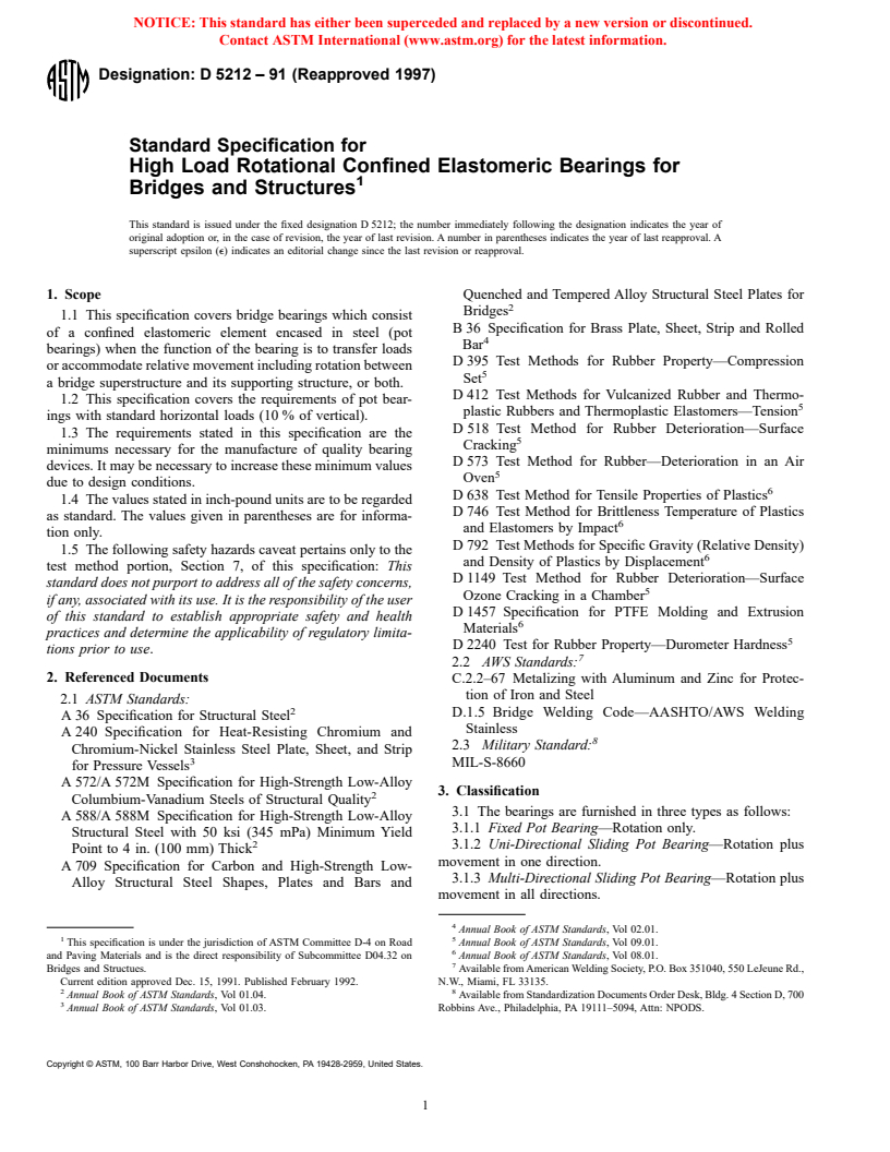 ASTM D5212-91(1997) - Standard Specification for High Load Rotational Confined Elastomeric Bearings for Bridges and Structures