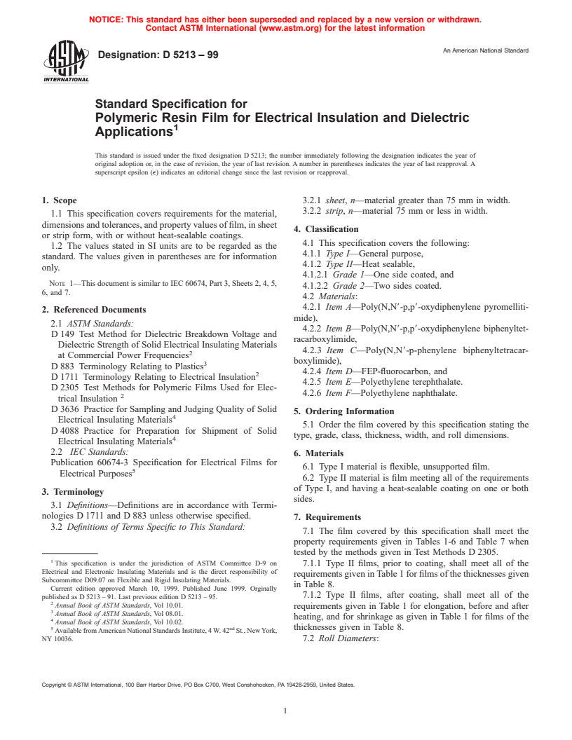 ASTM D5213-99 - Standard Specification for Polymeric Resin Film for Electrical Insulation and Dielectric Applications