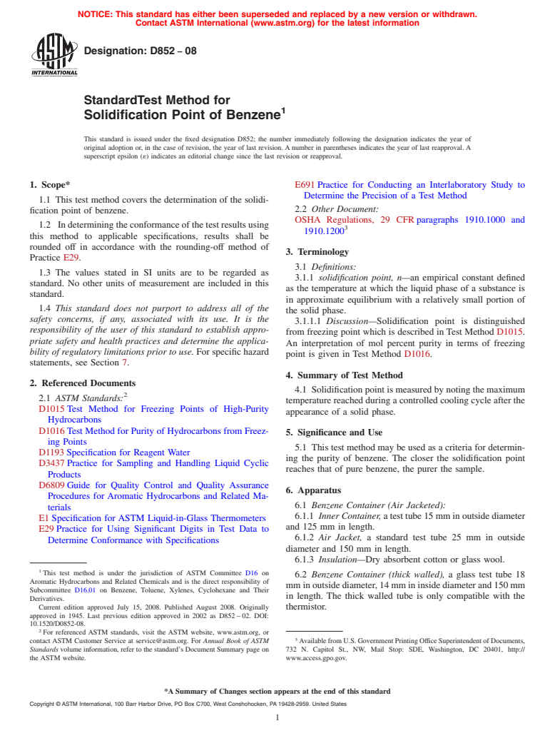 ASTM D852-08 - Standard Test Method for  Solidification Point of Benzene