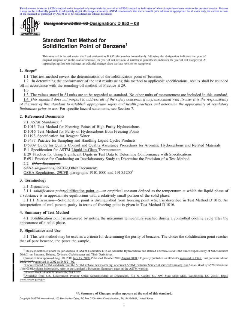 REDLINE ASTM D852-08 - Standard Test Method for  Solidification Point of Benzene