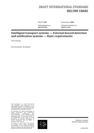 ISO 18682:2016 - Intelligent transport systems -- External hazard detection and notification systems -- Basic requirements