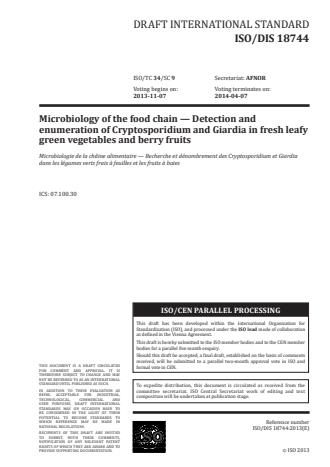 ISO 18744:2016 - Microbiology of the food chain -- Detection and enumeration of Cryptosporidium and Giardia in fresh leafy green vegetables and berry fruits