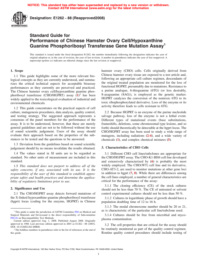 ASTM E1262-88(2008) - Standard Guide for Performance of Chinese Hamster Ovary Cell/Hypoxanthine Guanine Phosphoribosyl Transferase Gene Mutation Assay