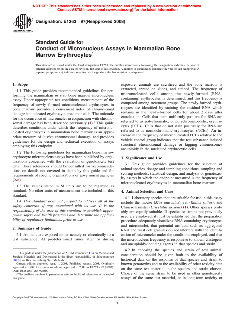 ASTM E1263-97(2008) - Standard Guide for Conduct of Micronucleus Assays in Mammalian Bone Marrow Erythrocytes (Withdrawn 2015)