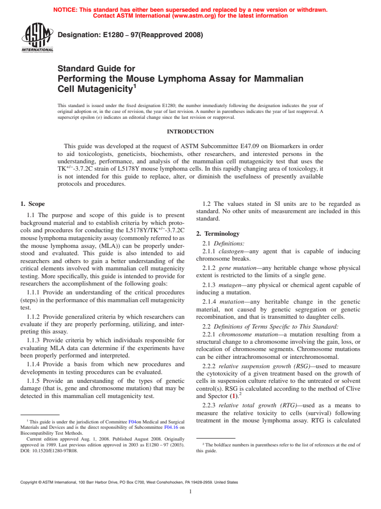 ASTM E1280-97(2008) - Standard Guide for Performing the Mouse Lymphoma Assay for Mammalian Cell Mutagenicity (Withdrawn 2015)