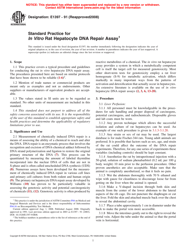 ASTM E1397-91(2008) - Standard Practice for <i>In Vitro</i> Rat Hepatocyte DNA Repair Assay (Withdrawn 2014)