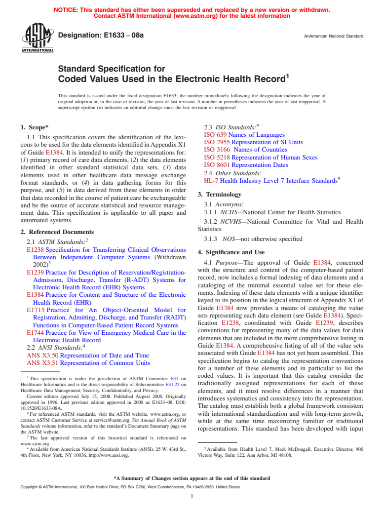 ASTM E1633-08a - Standard Specification for Coded Values Used in the Electronic Health Record