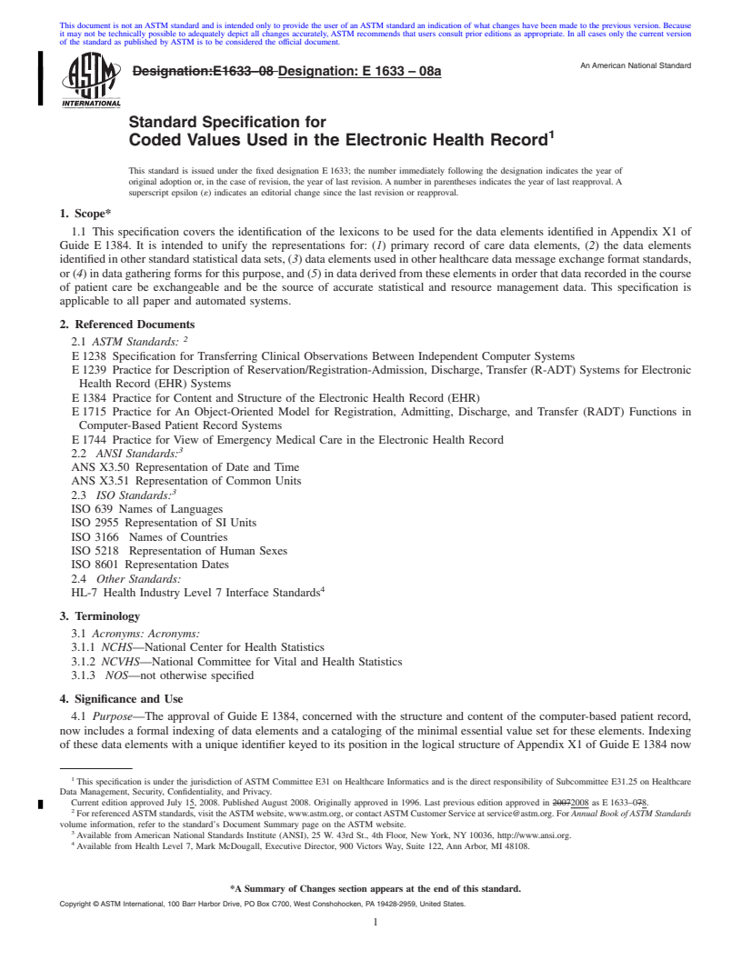 REDLINE ASTM E1633-08a - Standard Specification for Coded Values Used in the Electronic Health Record