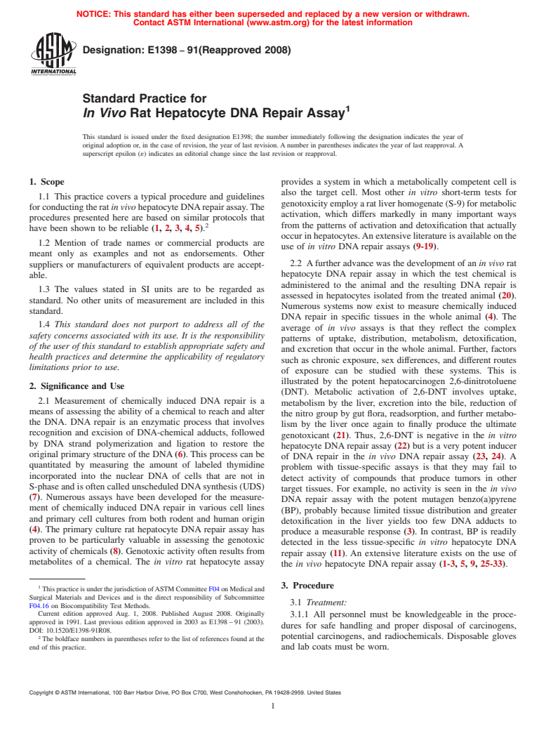 ASTM E1398-91(2008) - Standard Practice for <i>In Vivo</i> Rat Hepatocyte DNA Repair Assay (Withdrawn 2014)