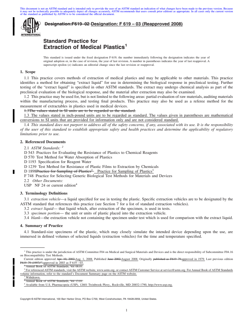 REDLINE ASTM F619-03(2008) - Standard Practice for  Extraction of Medical Plastics