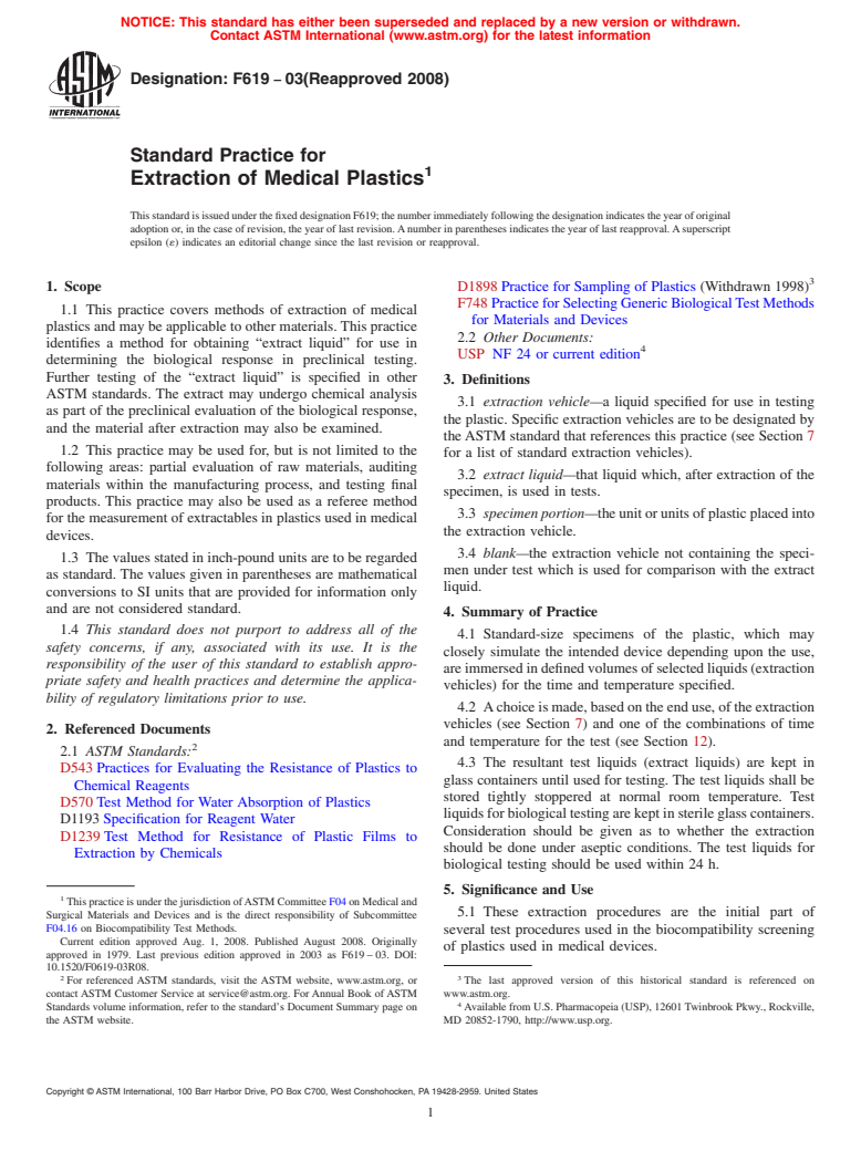 ASTM F619-03(2008) - Standard Practice for  Extraction of Medical Plastics