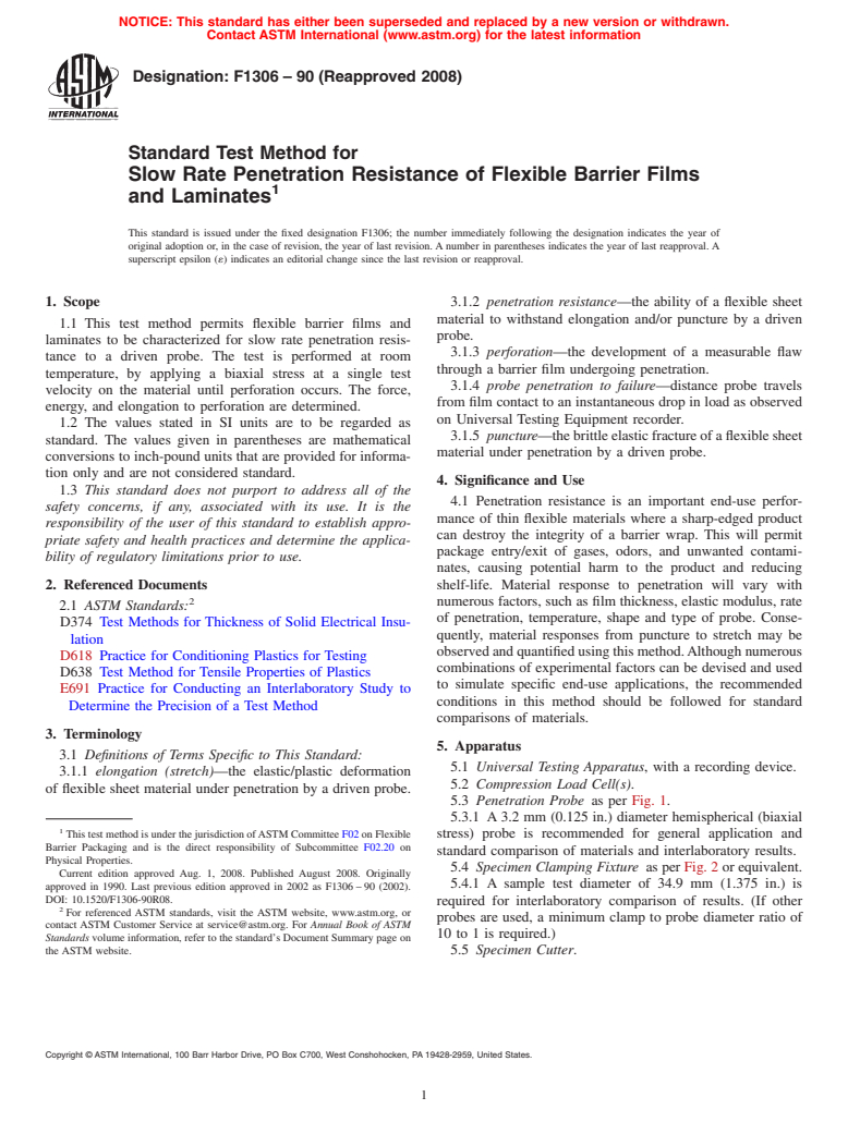 ASTM F1306-90(2008) - Standard Test Method for Slow Rate Penetration Resistance of Flexible Barrier Films and Laminates