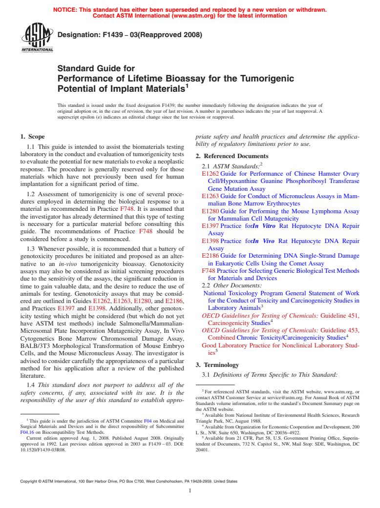 ASTM F1439-03(2008) - Standard Guide for Performance of Lifetime Bioassay for the Tumorigenic Potential of Implant Materials