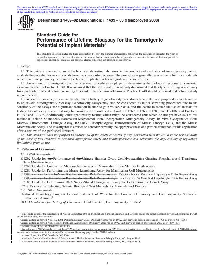 REDLINE ASTM F1439-03(2008) - Standard Guide for Performance of Lifetime Bioassay for the Tumorigenic Potential of Implant Materials