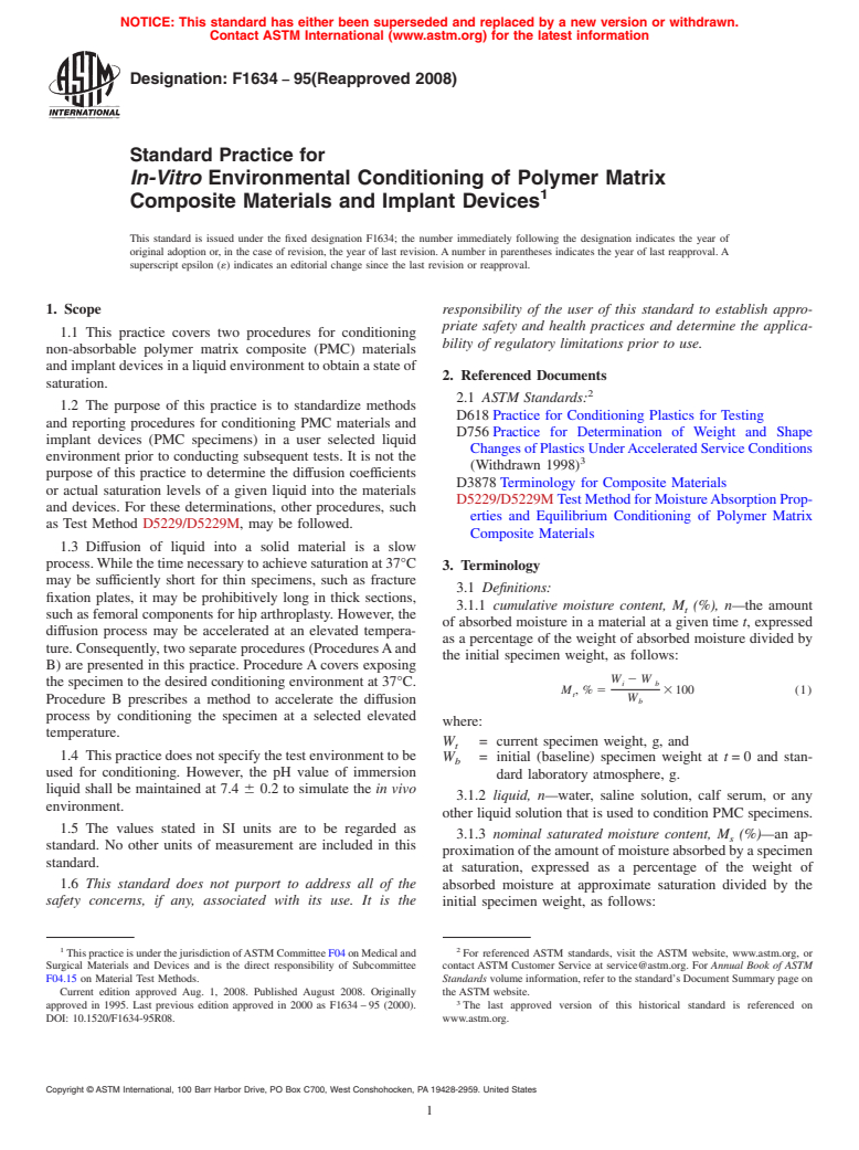 ASTM F1634-95(2008) - Standard Practice for  <span class="bdit">In-Vitro</span> Environmental Conditioning of Polymer Matrix Composite Materials and Implant Devices