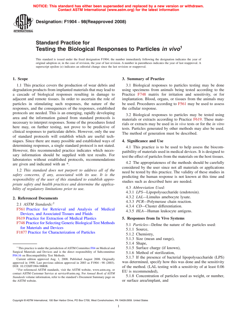 ASTM F1904-98(2008) - Standard Practice for Testing the Biological Responses to Particles <i>in vivo</i>