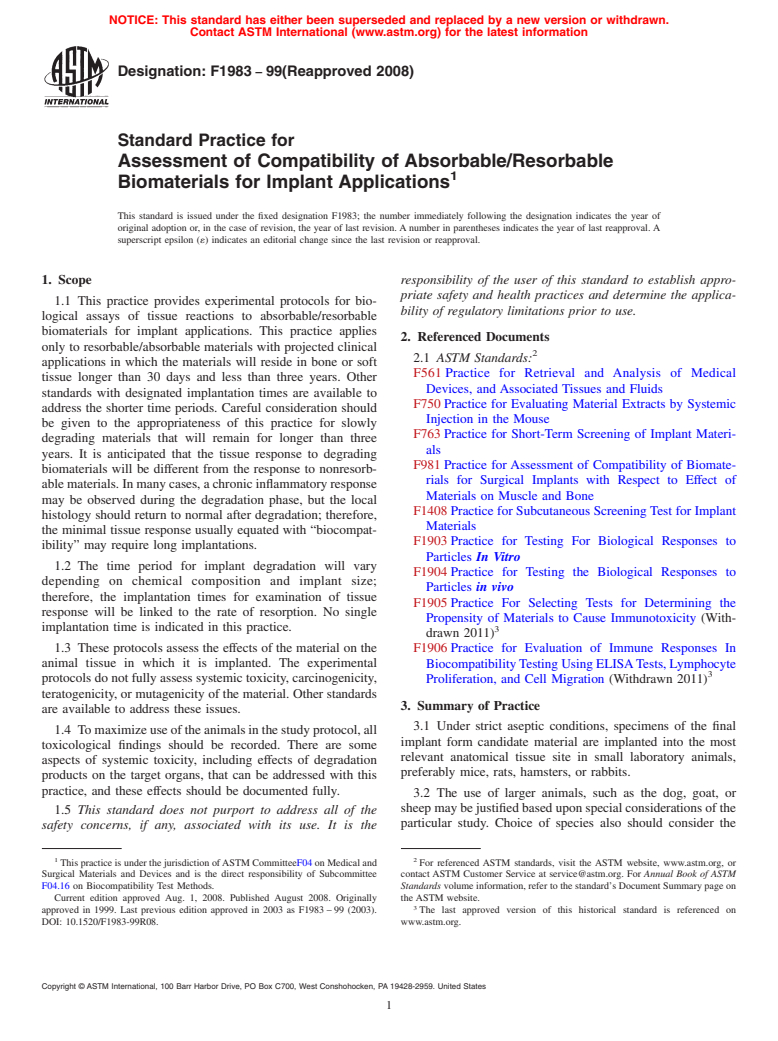 ASTM F1983-99(2008) - Standard Practice for Assessment of Compatibility of Absorbable/Resorbable Biomaterials for Implant Applications