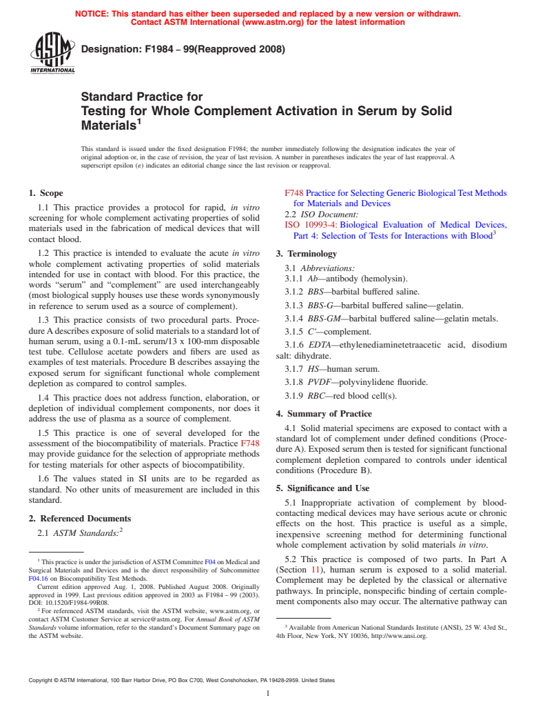 ASTM F1984-99(2008) - Standard Practice for Testing for Whole Complement Activation in Serum by Solid Materials