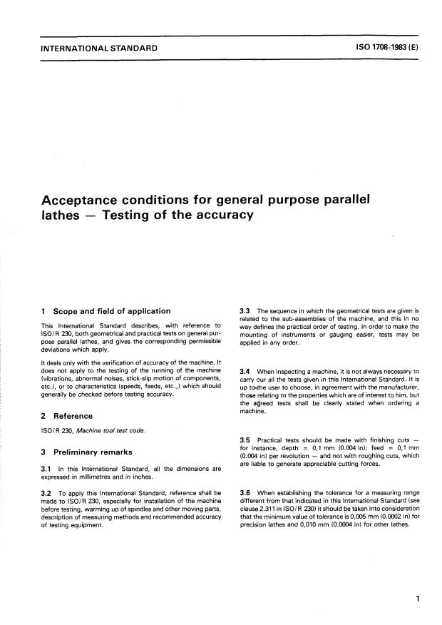 ISO 1708:1983 - Acceptance conditions for general purpose parallel lathes -- Testing of the accuracy