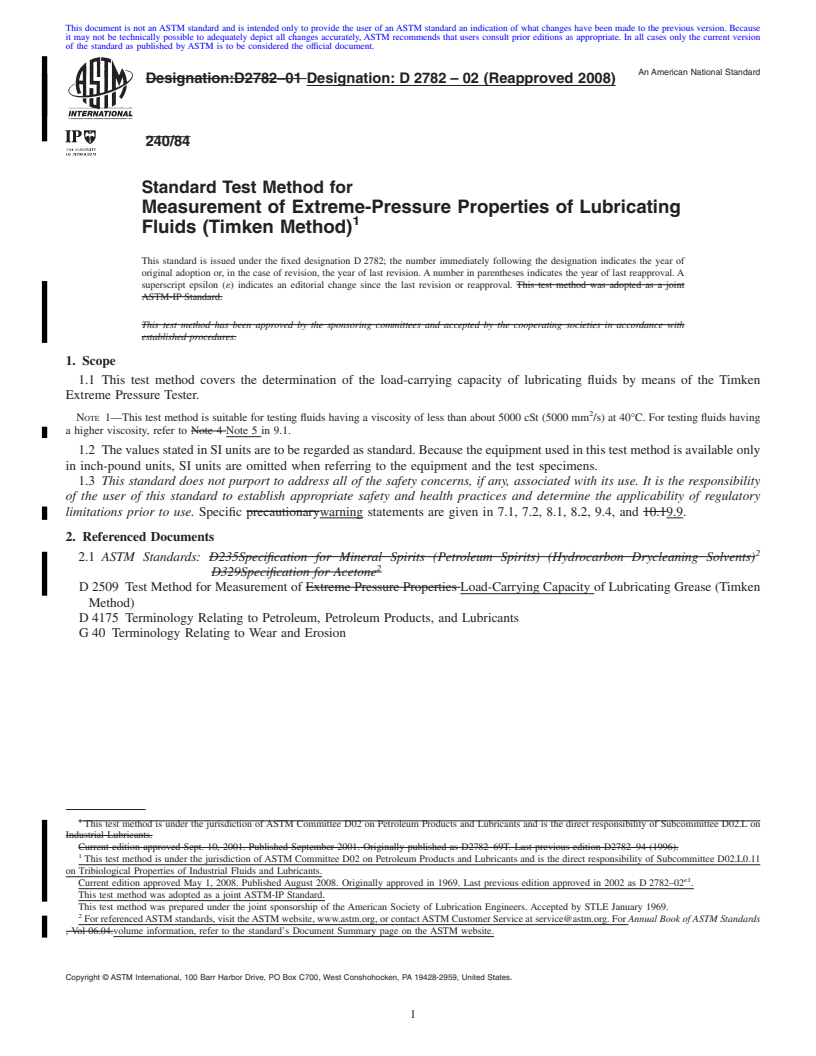 REDLINE ASTM D2782-02(2008) - Standard Test Method for Measurement of Extreme-Pressure Properties of Lubricating Fluids (Timken Method)