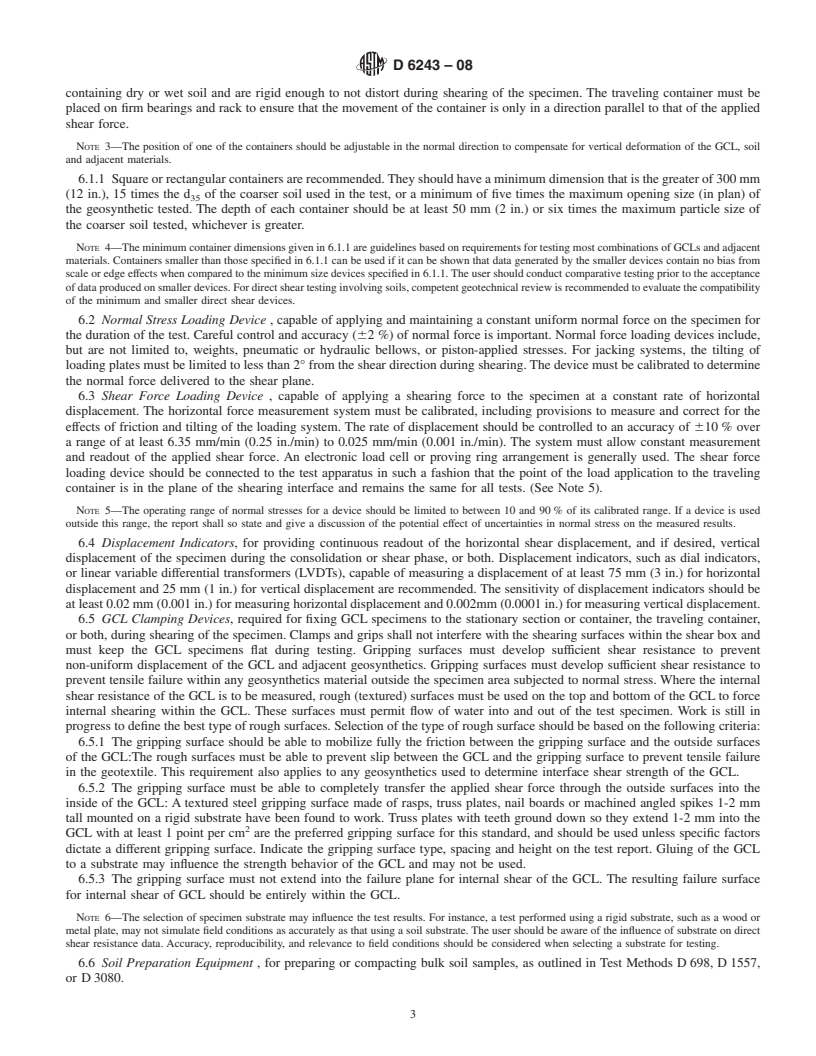 REDLINE ASTM D6243-08 - Standard Test Method for Determining the Internal and Interface Shear Resistance of Geosynthetic Clay Liner by the Direct Shear Method