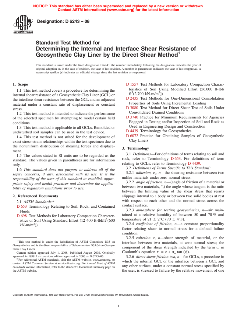 ASTM D6243-08 - Standard Test Method for Determining the Internal and Interface Shear Resistance of Geosynthetic Clay Liner by the Direct Shear Method