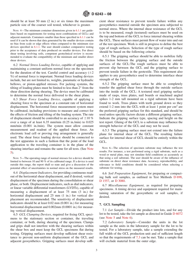 ASTM D6243-08 - Standard Test Method for Determining the Internal and Interface Shear Resistance of Geosynthetic Clay Liner by the Direct Shear Method