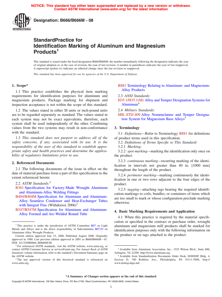 ASTM B666/B666M-08 - Standard Practice for  Identification Marking of Aluminum and Magnesium Products