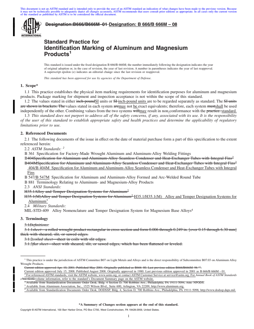 REDLINE ASTM B666/B666M-08 - Standard Practice for  Identification Marking of Aluminum and Magnesium Products