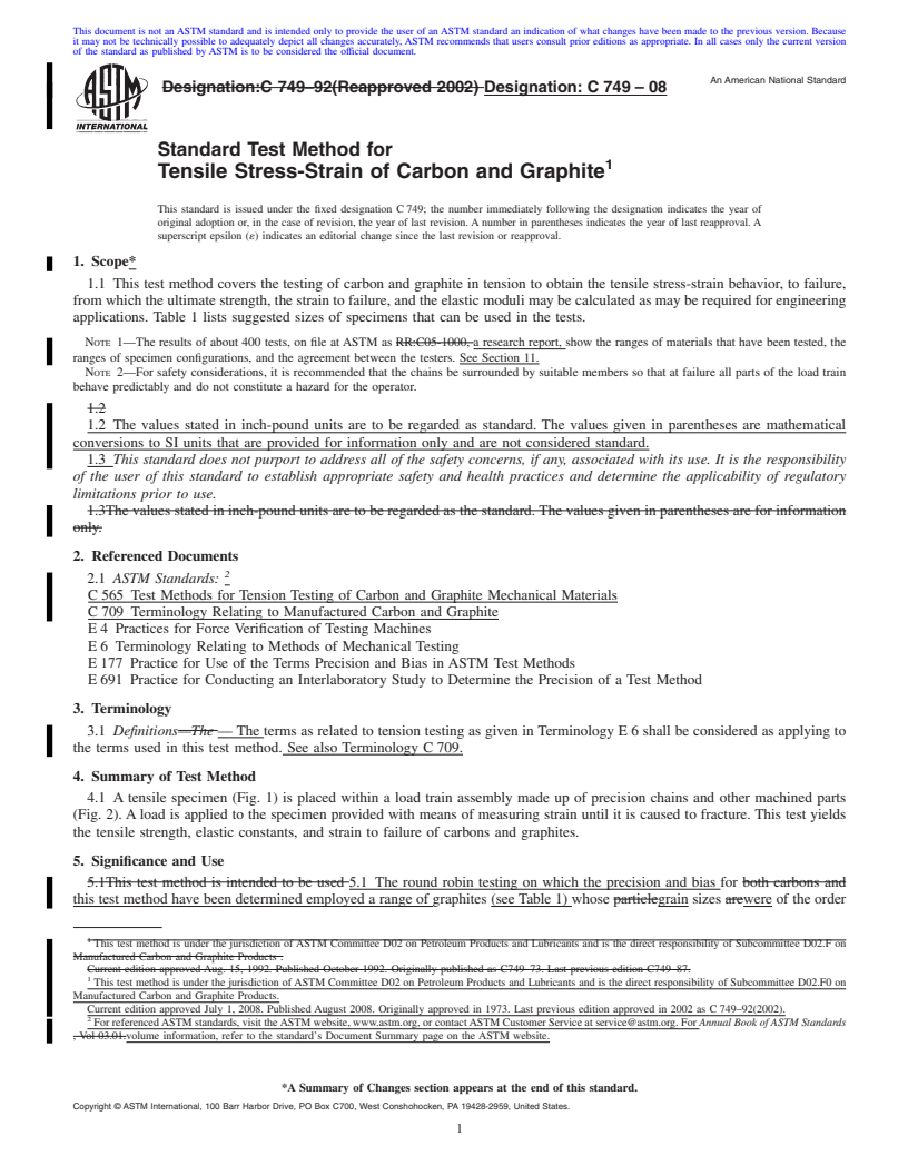 REDLINE ASTM C749-08 - Standard Test Method for Tensile Stress-Strain of Carbon and Graphite