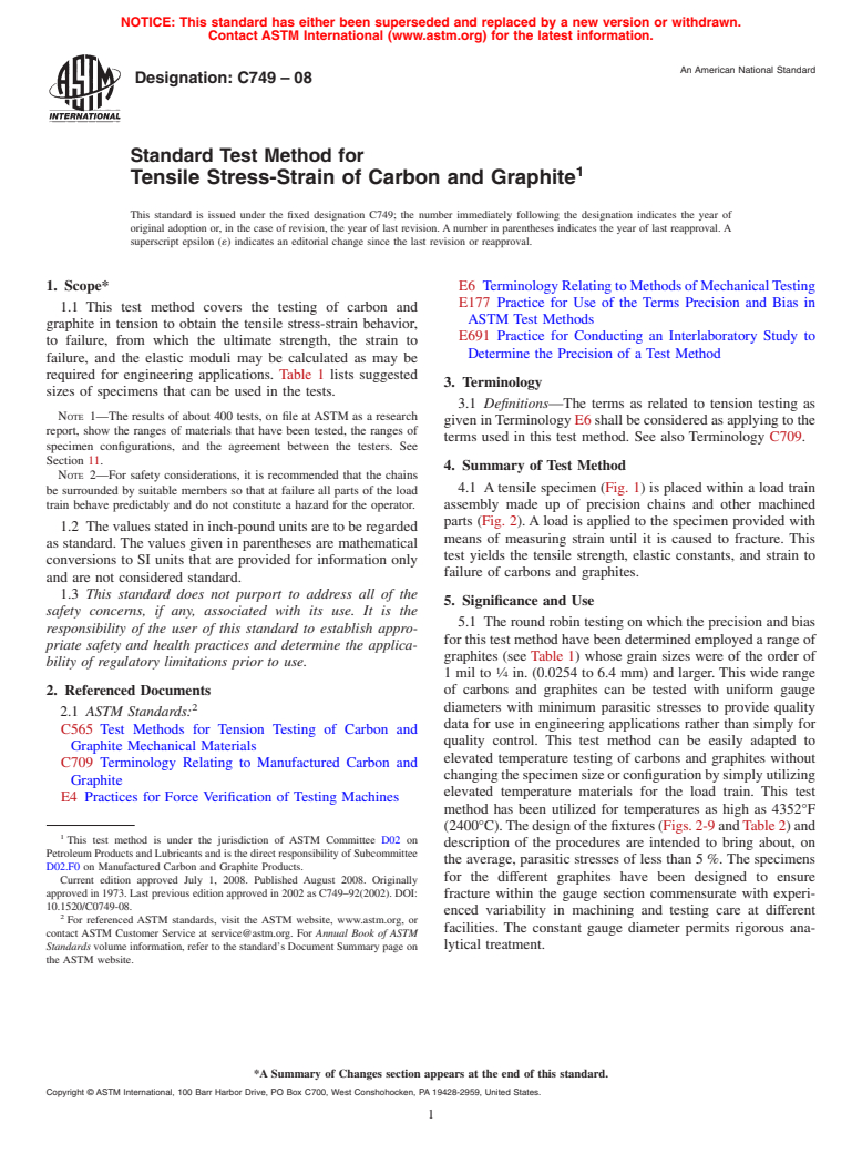 ASTM C749-08 - Standard Test Method for Tensile Stress-Strain of Carbon and Graphite